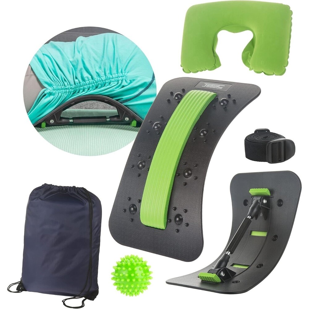 Adjustable Back Stretcher For Lower Back Pain Relief w/Neck Pillow, Massage Ball